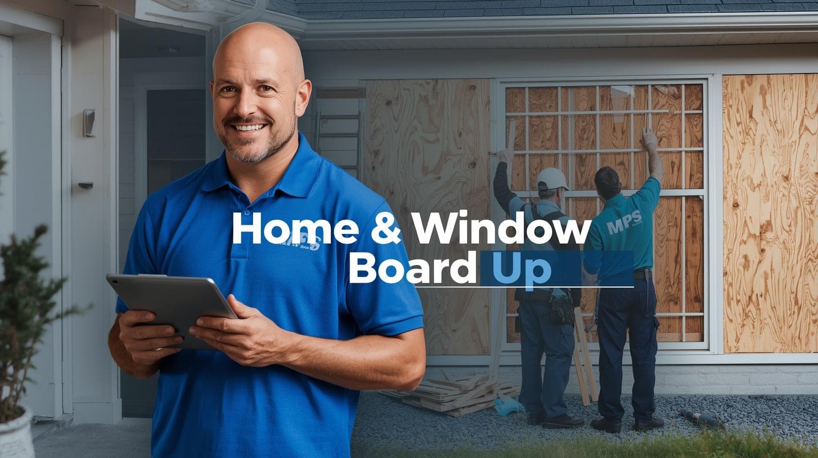 Smiling professional holding a tablet while workers install plywood boards over house windows.