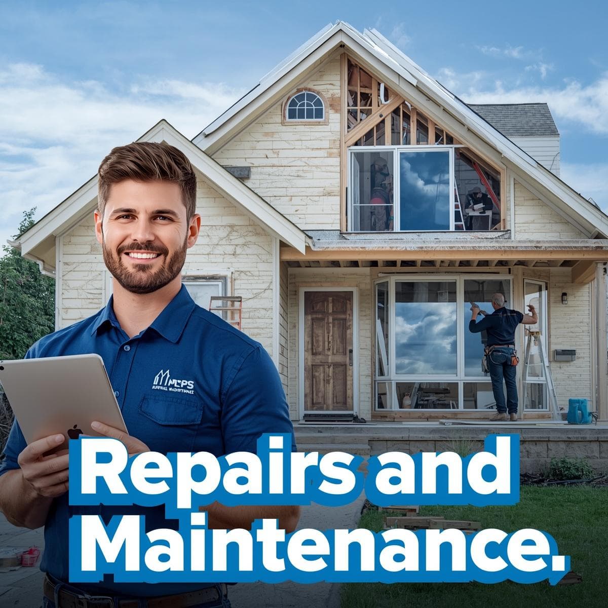 Smiling man with tablet in front of house renovation and text Repairs and Maintenance.